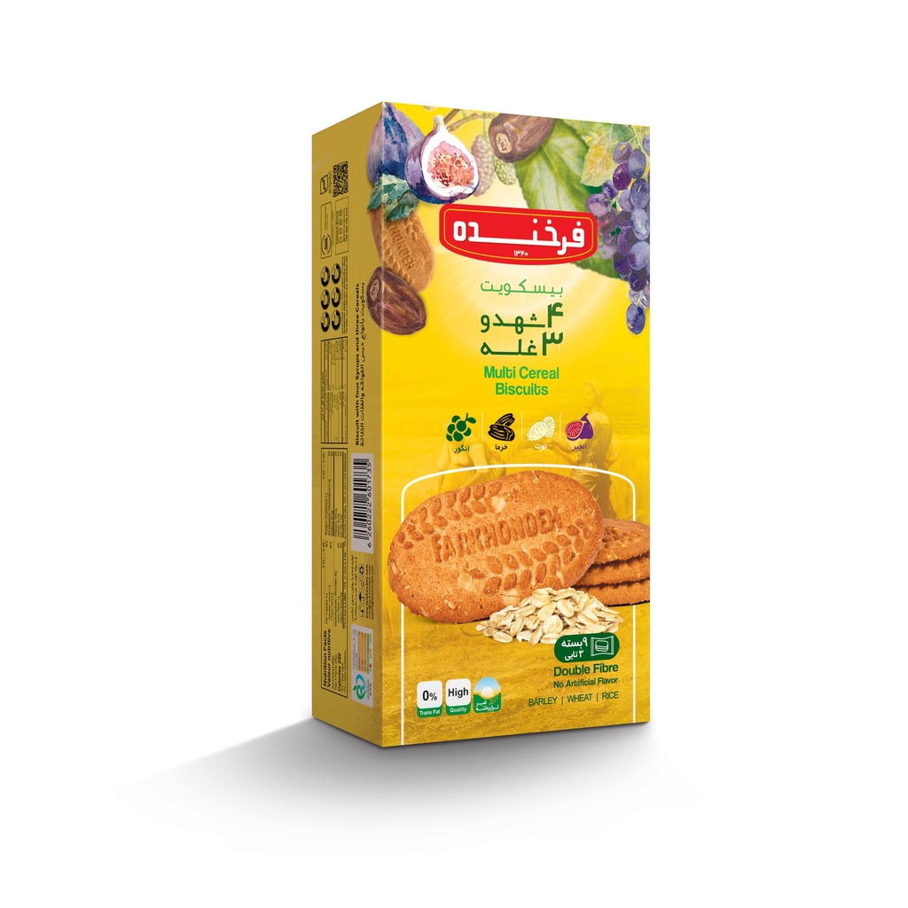 [2500112053600] بیسکویت فرخنده خوشین  (یک ساله, چهار شهد و سه غله , 8 تایی, جعبه 300 گرمی)